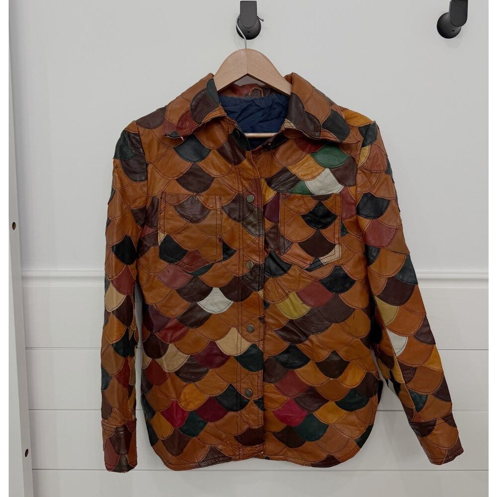 Vintage Unisex Korean Multicolor Genuine Leather Fish Scale 70’s Jacket Small?*
